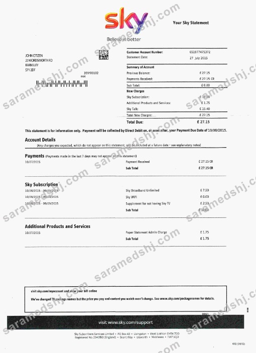 United Kingdom Sky utility bill template, fully editable in PSD format